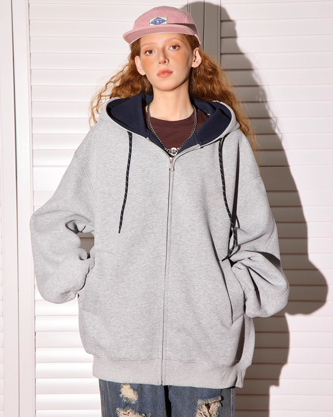 Contrast Hood Zip-Up Sweatshirt