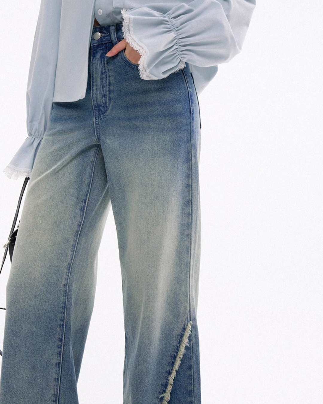 Frayed Hem Slant Cut Jeans
