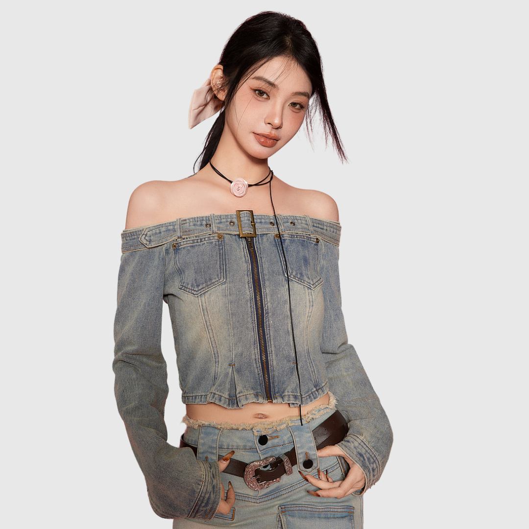 Off-the-shoulder Zip Denim Top