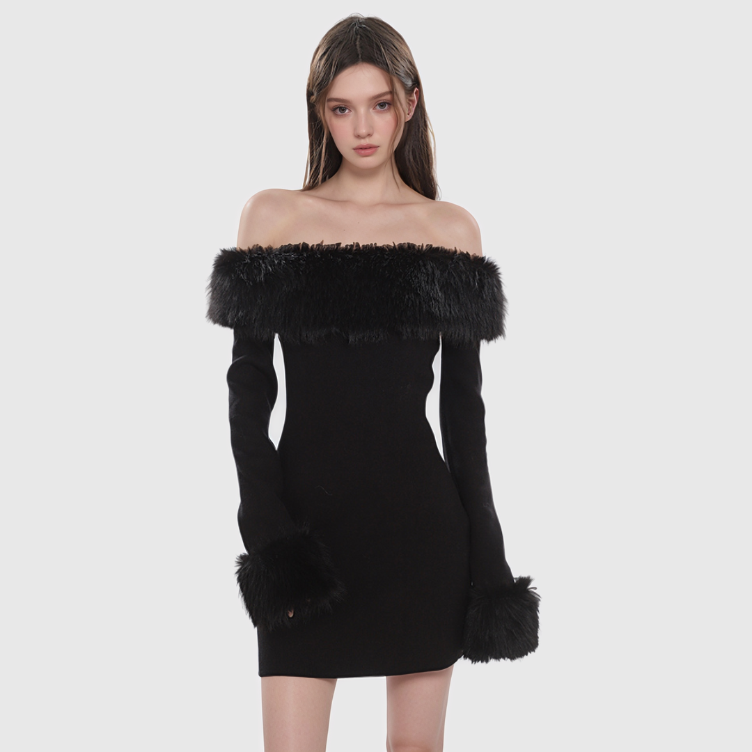 Fur Off-the-shoulder Tight Dress