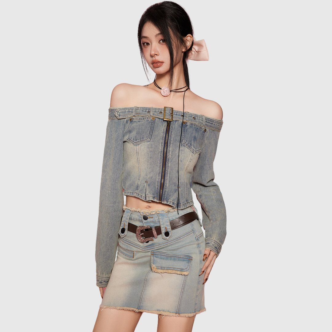 Off-the-shoulder Zip Denim Top