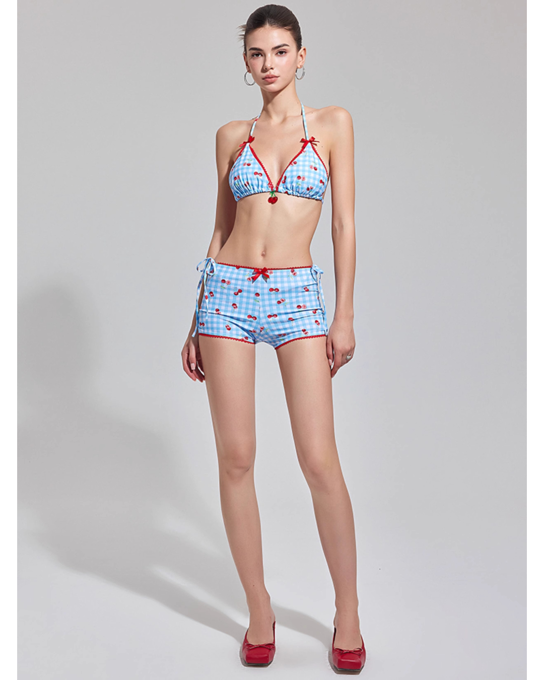 2-type Cherry × Check Bikini [3-piece]