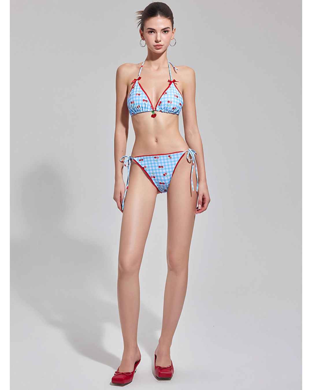 2-type Cherry × Check Bikini [3-piece]