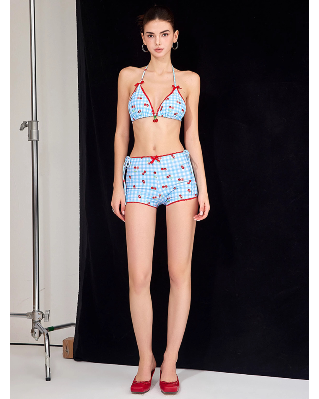 2-type Cherry × Check Bikini [3-piece]
