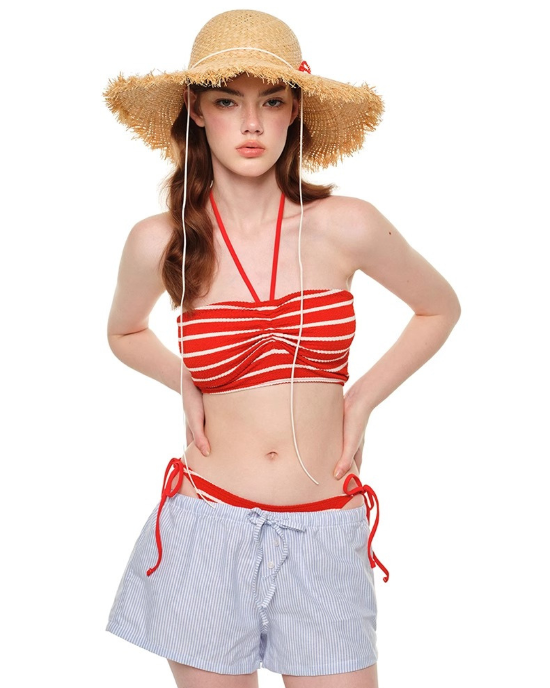 Halter Stripe Bikini with Drawstring Shorts [3-piece]
