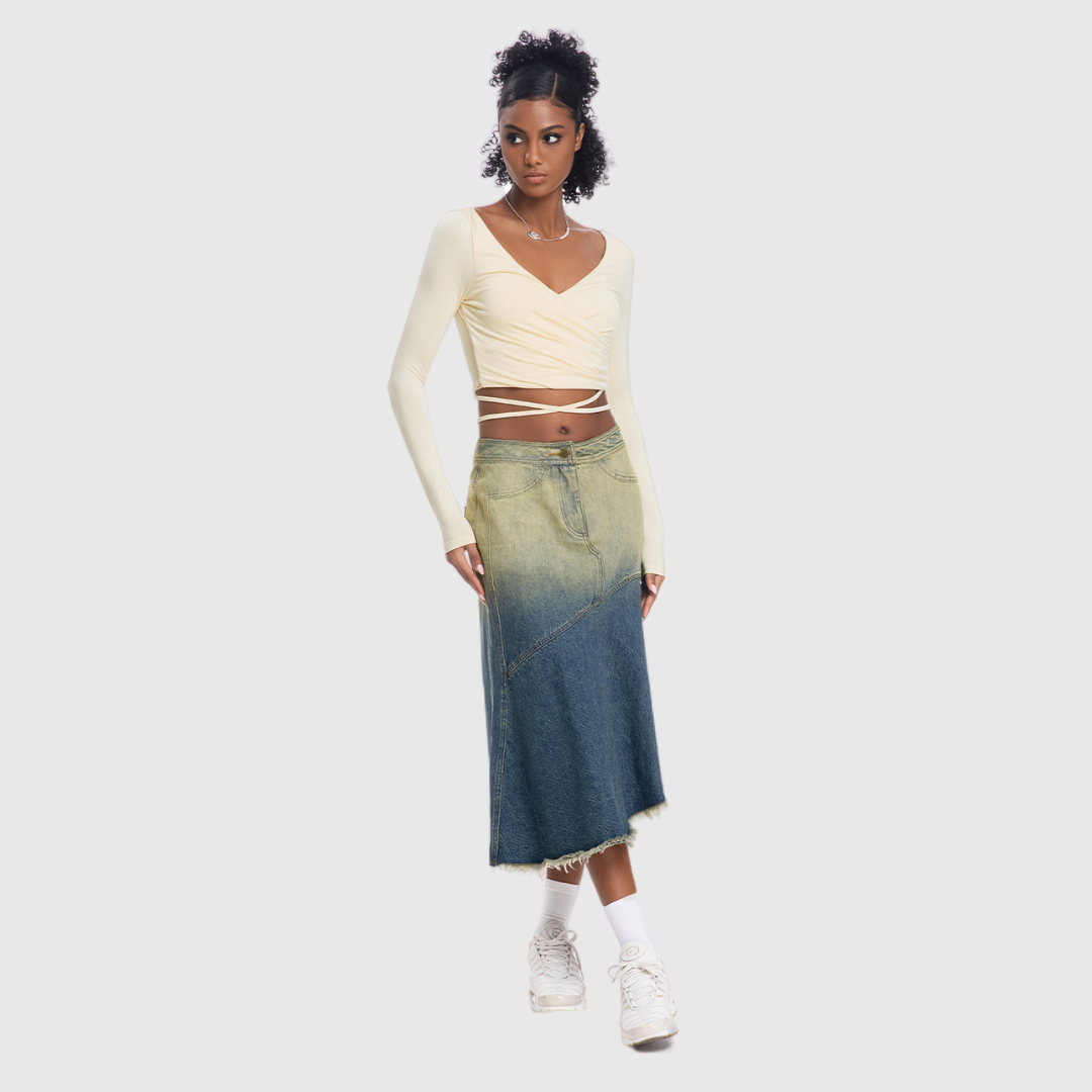 Asymmetrical Denim Mid Skirt