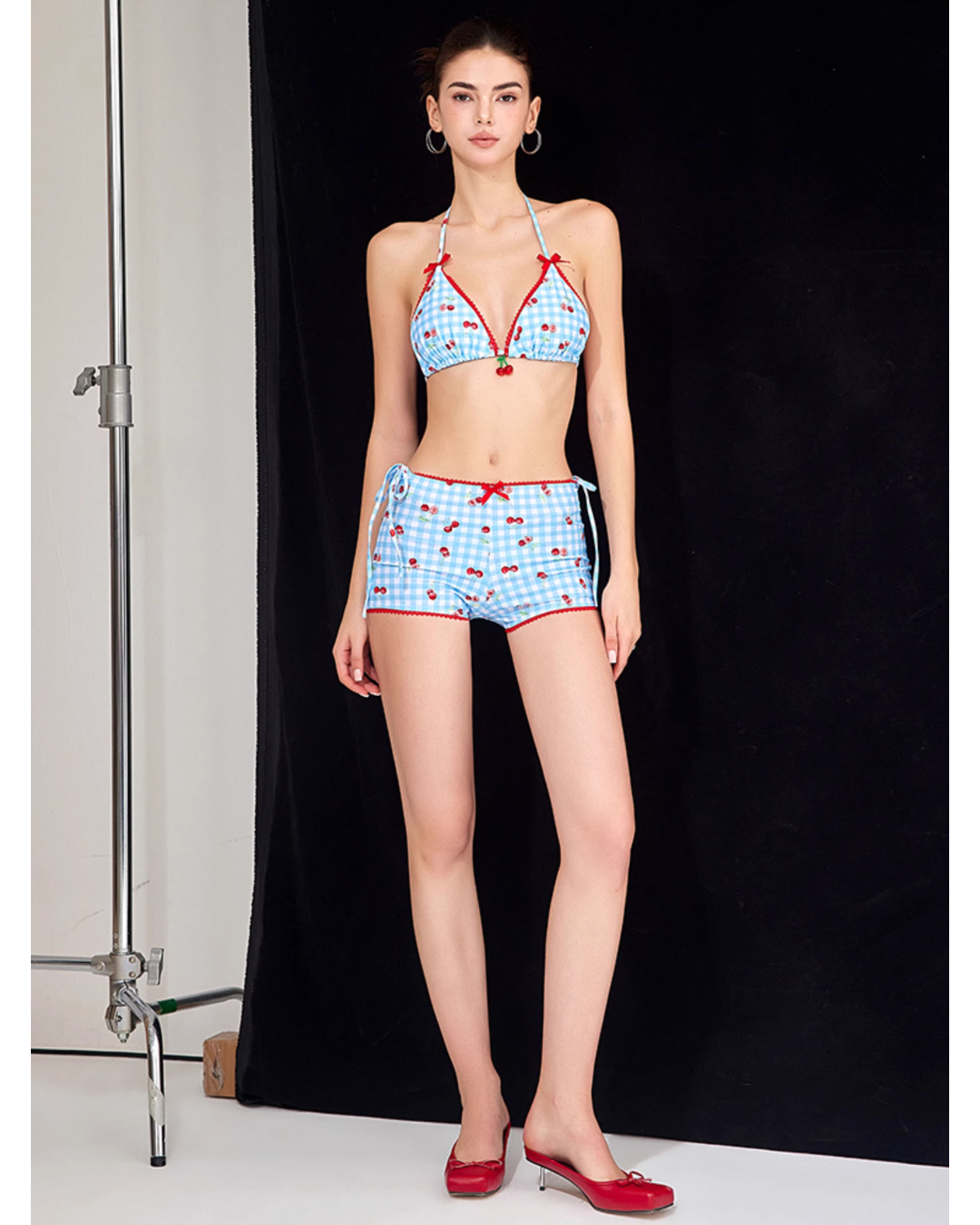 2-type Cherry × Check Bikini [3-piece]