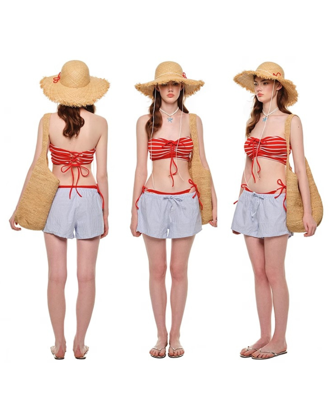 Halter Stripe Bikini with Drawstring Shorts [3-piece]