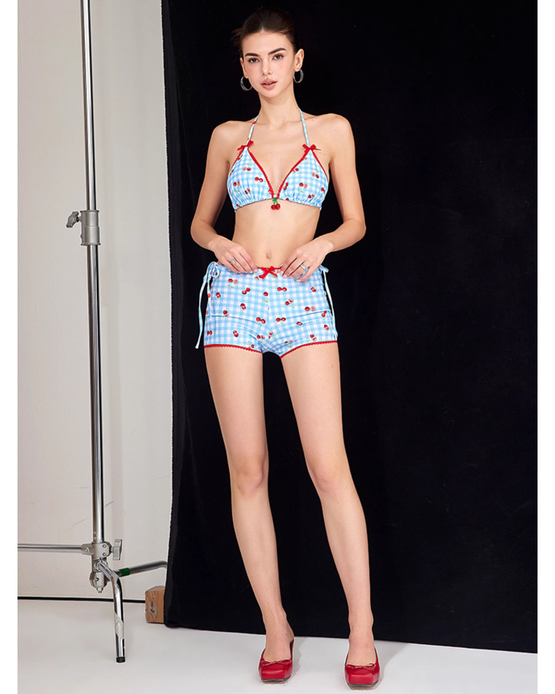 2-type Cherry × Check Bikini [3-piece]