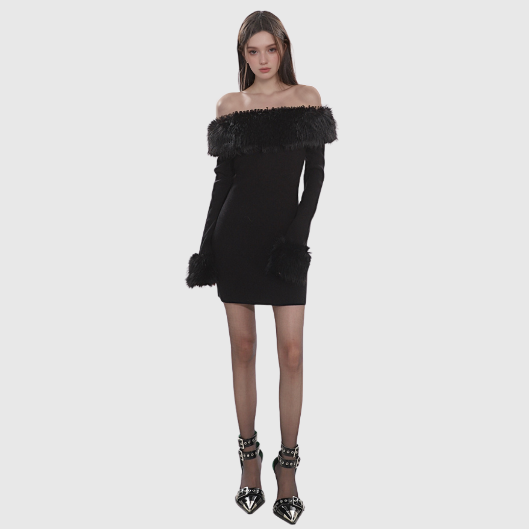 Fur Off-the-shoulder Tight Dress