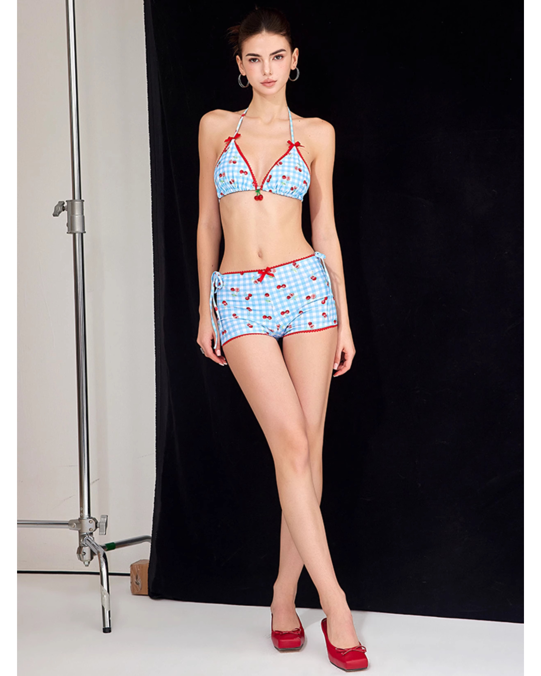 2-type Cherry × Check Bikini [3-piece]