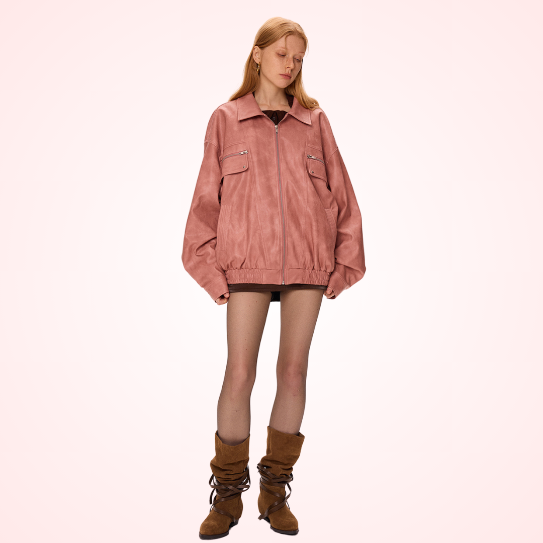 Mauve Pink PU Leather Jacket