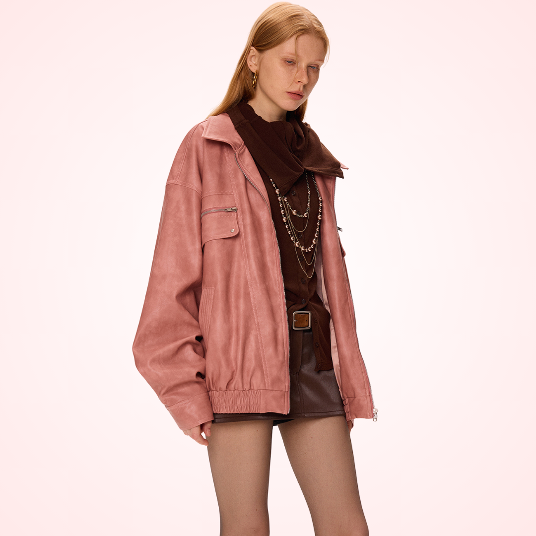 Mauve Pink PU Leather Jacket