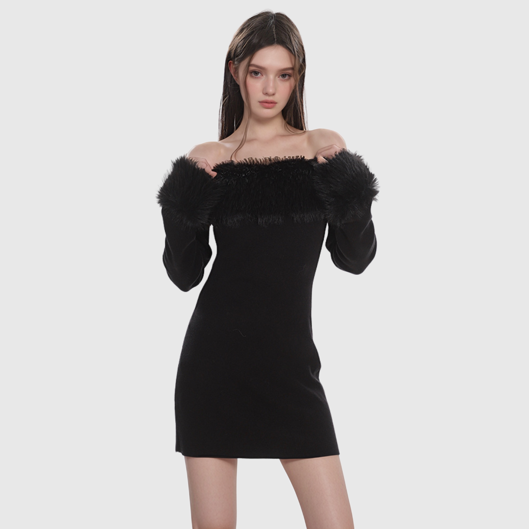 Fur Off-the-shoulder Tight Dress