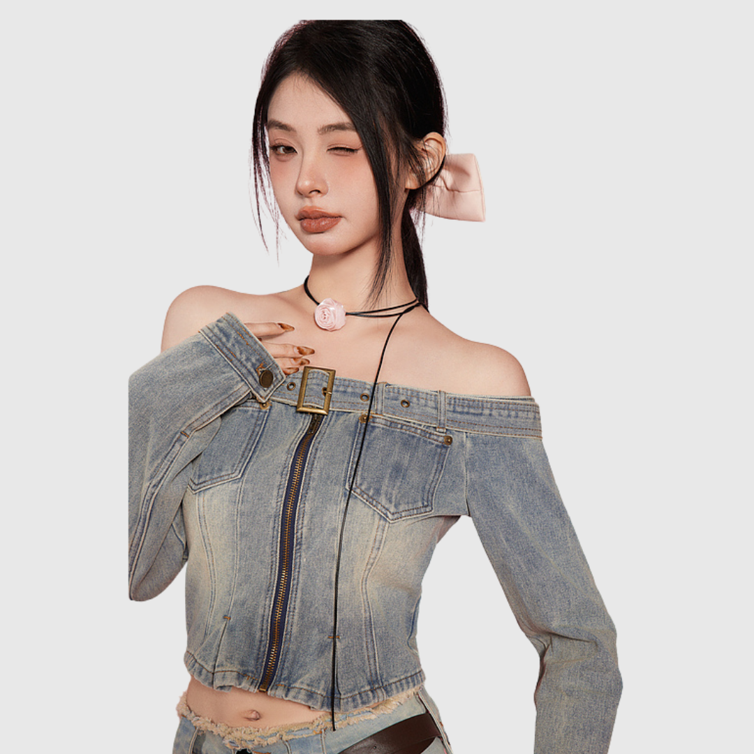 Off-the-shoulder Zip Denim Top