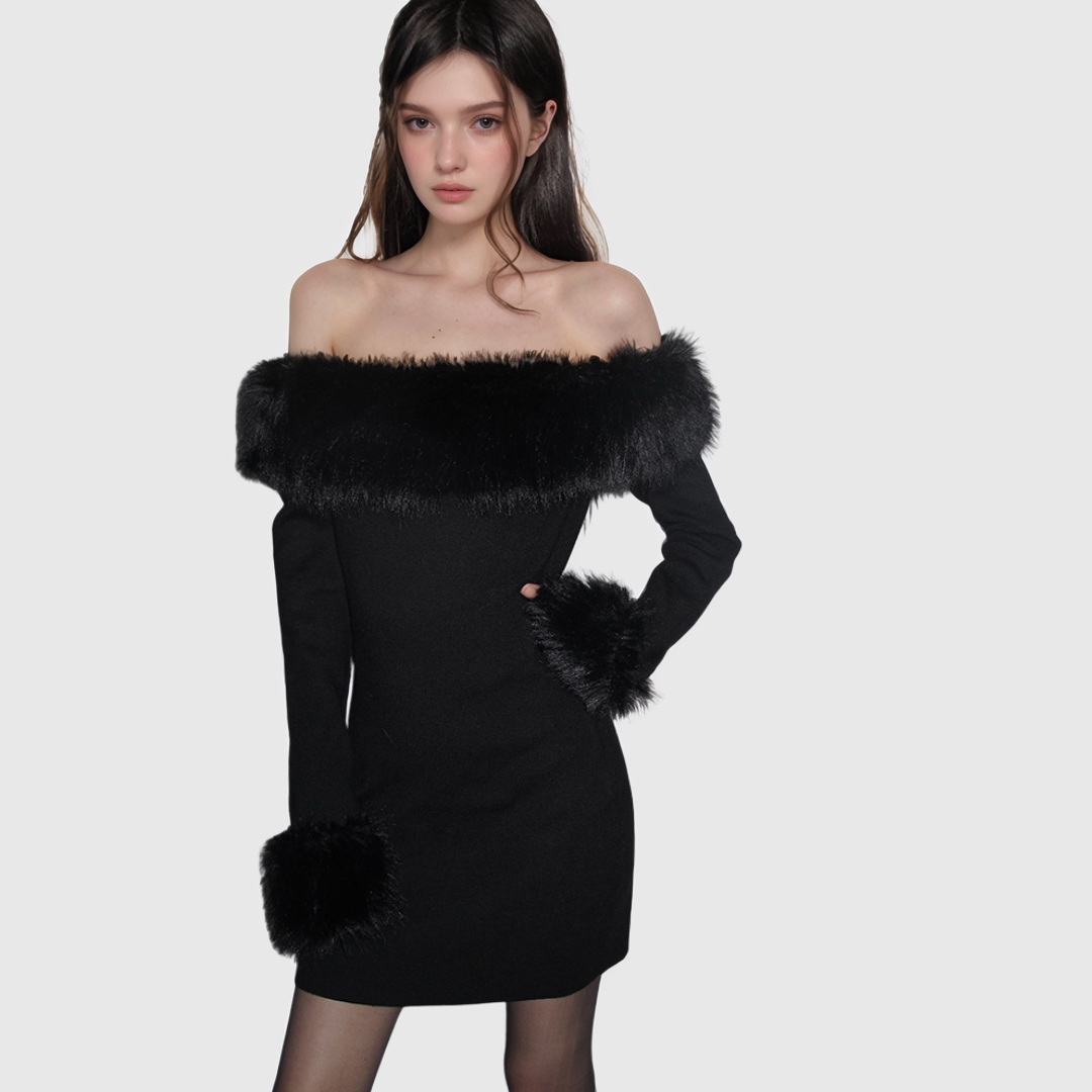 Fur Off-the-shoulder Tight Dress