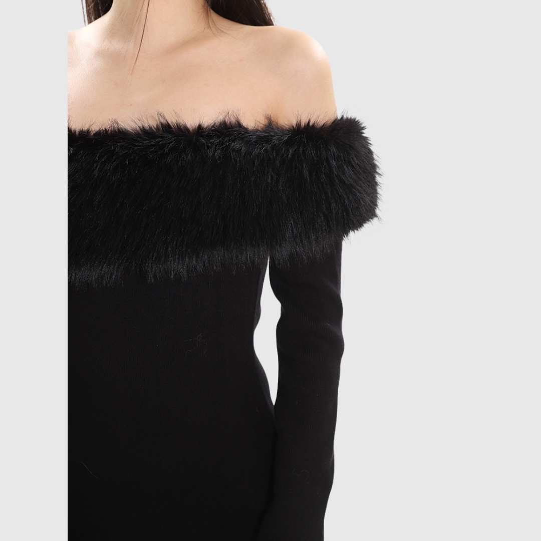 Fur Off-the-shoulder Tight Dress