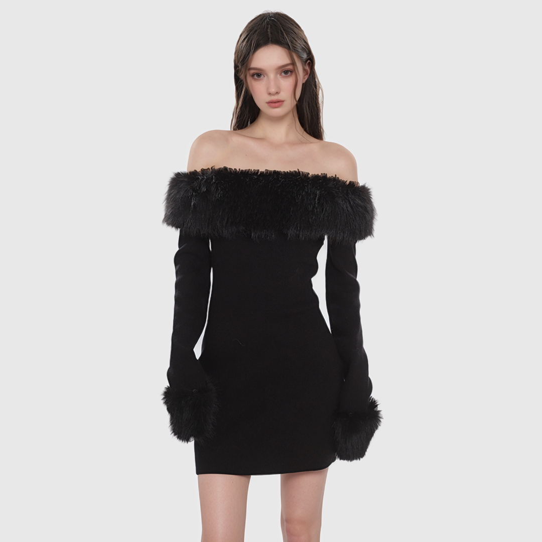 Fur Off-the-shoulder Tight Dress